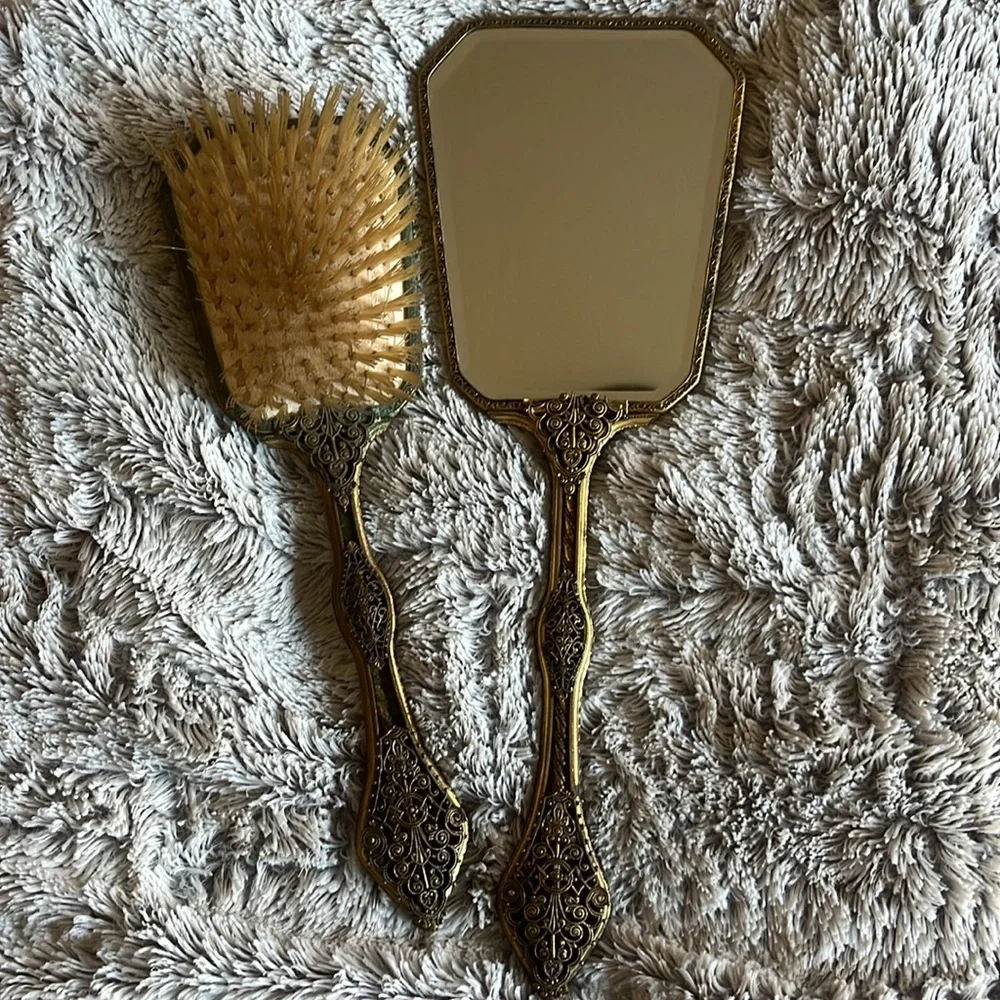 Antique mirror and brush set. Velvet with floral embordery design on back.